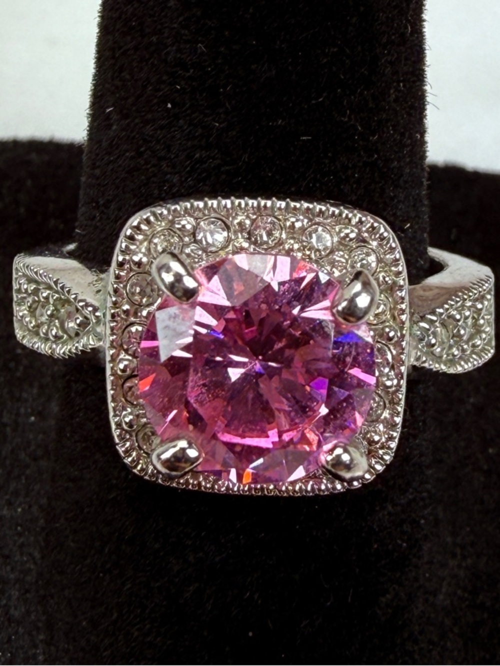 Vintage Silvertone, large pink stone ring